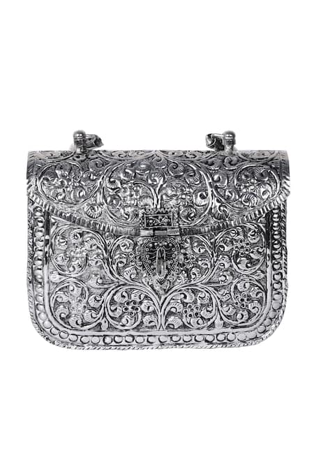 Shop_Nazaakat By Samara Singh_Silver Floral Embossed Brass Clutch With Handle _Online_at_Aza_Fashions