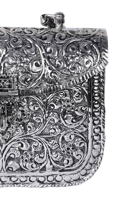 Nazaakat By Samara Singh_Silver Floral Embossed Brass Clutch With Handle _at_Aza_Fashions
