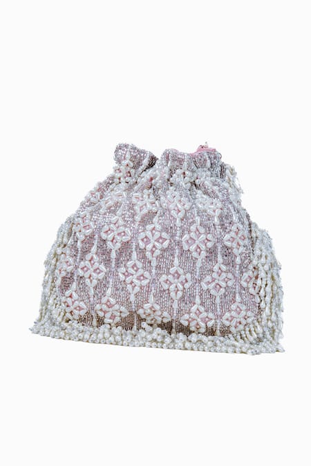 Shop Nazaakat By Samara Singh Pink Beads, Tassels Beaded Floral Pattern Potli Bag Online at Aza Fashions Shop_Nazaakat By Samara Singh_Pink Beads, Tassels Beaded Floral Pattern Potli Bag _Online_at_Aza_Fashions