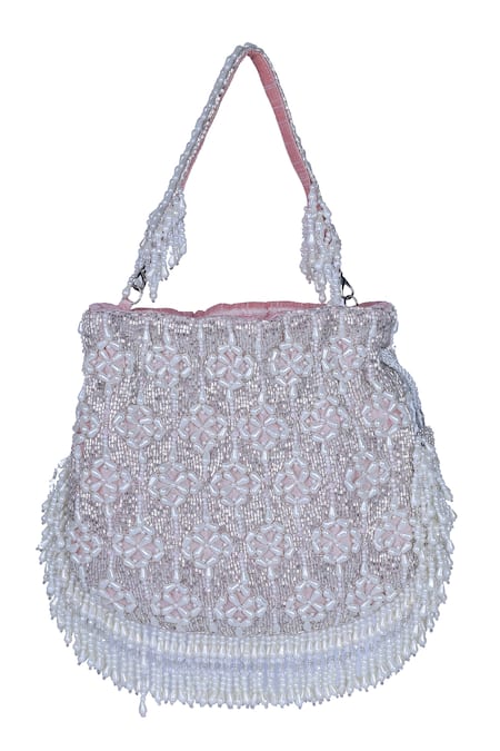 Nazaakat By Samara Singh_Pink Beads, Tassels Beaded Floral Pattern Potli Bag _Online_at_Aza_Fashions