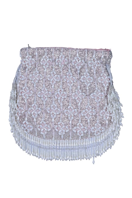 Shop Nazaakat By Samara Singh Pink Beads, Tassels Beaded Floral Pattern Potli Bag Shop_Nazaakat By Samara Singh_Pink Beads, Tassels Beaded Floral Pattern Potli Bag