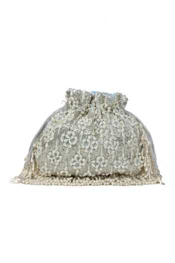 Shop_Nazaakat By Samara Singh_Blue Beads, Tassels Beaded Floral Pattern Potli Bag _Online_at_Aza_Fashions