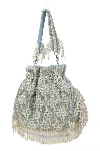 Nazaakat By Samara Singh_Blue Beads, Tassels Beaded Floral Pattern Potli Bag _at_Aza_Fashions