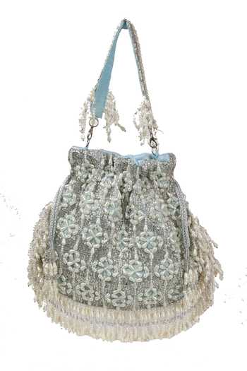 Buy_Nazaakat By Samara Singh_Blue Beads, Tassels Beaded Floral Pattern Potli Bag 