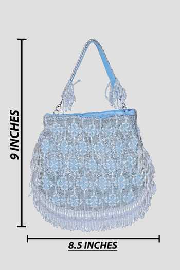 Shop_Nazaakat By Samara Singh_Blue Beads, Tassels Beaded Floral Pattern Potli Bag 