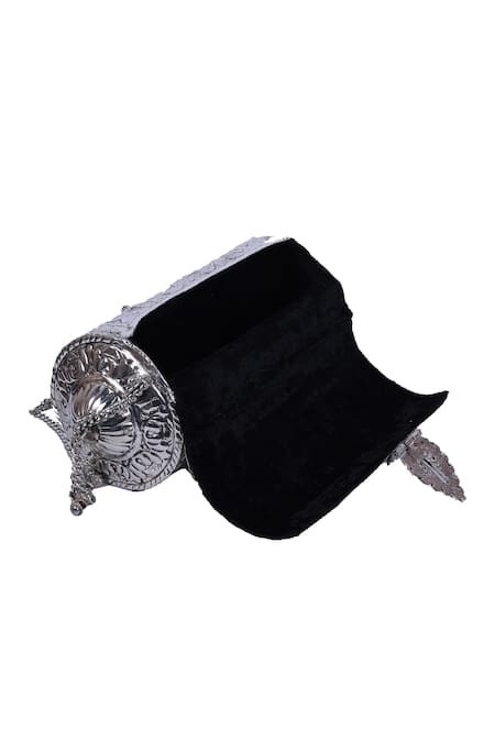 Buy_Nazaakat By Samara Singh_Silver Tassels Floral Embossed Metal Clutch Bag _Online_at_Aza_Fashions