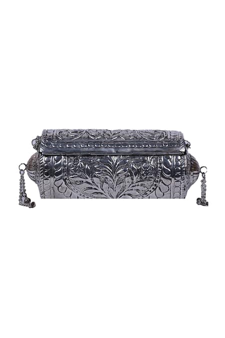 Shop_Nazaakat By Samara Singh_Silver Tassels Floral Embossed Metal Clutch Bag _Online_at_Aza_Fashions