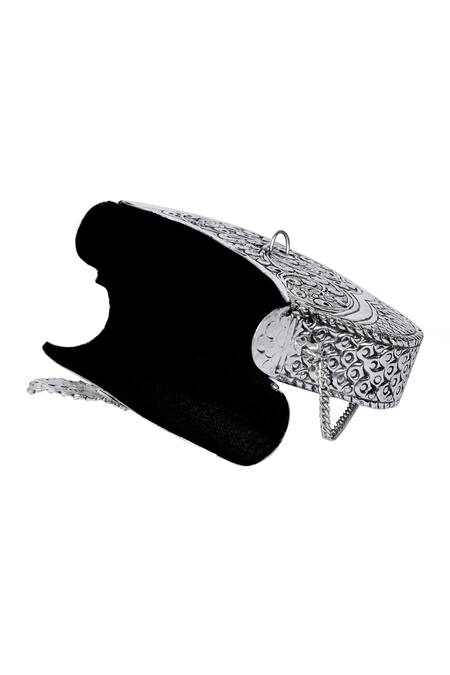 Nazaakat By Samara Singh_Silver Floral Embossed Metal Clutch With Handle _Online_at_Aza_Fashions