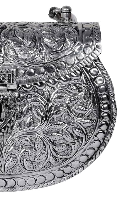 Shop_Nazaakat By Samara Singh_Silver Floral Embossed Metal Clutch With Handle _Online_at_Aza_Fashions