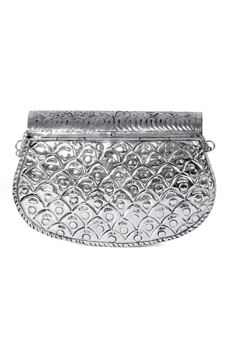 Nazaakat By Samara Singh Floral Embossed Metal Clutch with Handle 