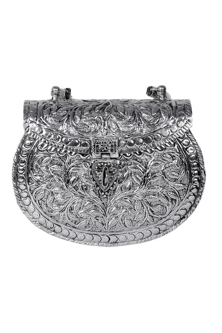 Nazaakat By Samara Singh_Silver Floral Embossed Metal Clutch With Handle _at_Aza_Fashions