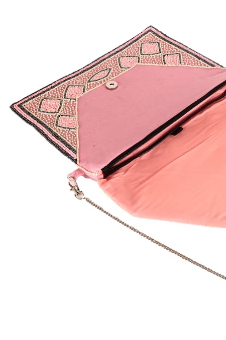 Nazaakat By Samara Singh_Pink Beads, Fringe Geometric Beaded Boho Bag _Online_at_Aza_Fashions