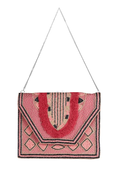 Nazaakat By Samara Singh Geometric Beaded Fringe Boho Bag 
