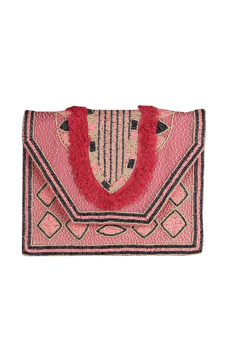 Shop_Nazaakat By Samara Singh_Pink Beads, Fringe Geometric Beaded Boho Bag _Online_at_Aza_Fashions
