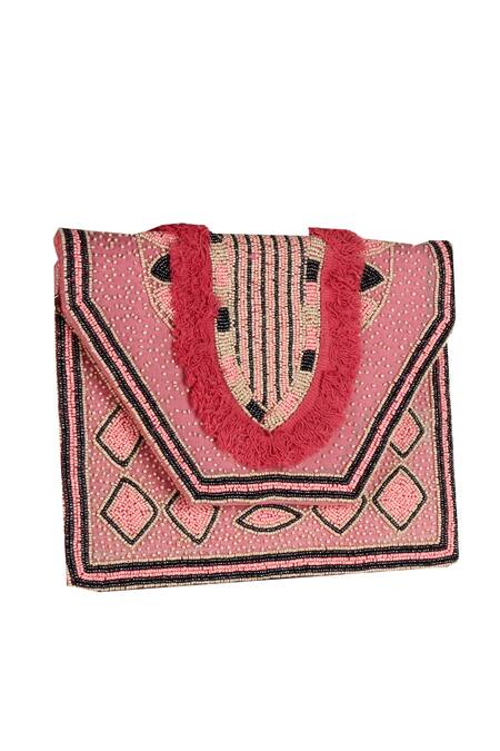 Nazaakat By Samara Singh_Pink Beads, Fringe Geometric Beaded Boho Bag _at_Aza_Fashions