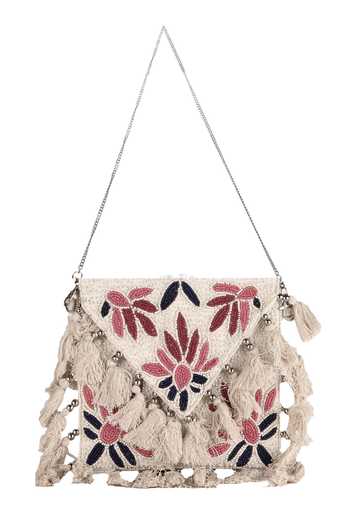 Shop Nazaakat By Samara Singh Cream Beads, Embroidery, Tassels Floral Beaded Boho Bag at Aza Fashions Shop_Nazaakat By Samara Singh_Cream Beads, Embroidery, Tassels Floral Beaded Boho Bag _at_Aza_Fashions