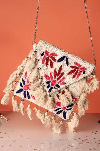 Buy Nazaakat By Samara Singh Cream Beads, Embroidery, Tassels Floral Beaded Boho Bag at Aza Fashions Buy_Nazaakat By Samara Singh_Cream Beads, Embroidery, Tassels Floral Beaded Boho Bag _at_Aza_Fashions