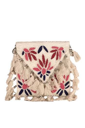 Shop_Nazaakat By Samara Singh_Cream Beads, Embroidery, Tassels Floral Beaded Boho Bag _Online_at_Aza_Fashions
