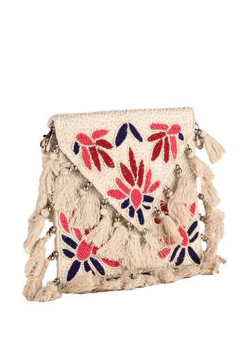 Nazaakat By Samara Singh_Cream Beads, Embroidery, Tassels Floral Beaded Boho Bag _at_Aza_Fashions