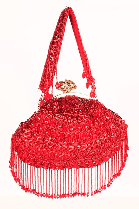 Nazaakat By Samara Singh_Red Sequins, Beads, Tassels Embellished Batua Bag With Detachable Handle _at_Aza_Fashions
