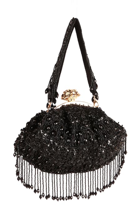 Shop_Nazaakat By Samara Singh_Black Sequins, Beads, Tassels Beaded Fringe Batua Bag With Handle _Online_at_Aza_Fashions