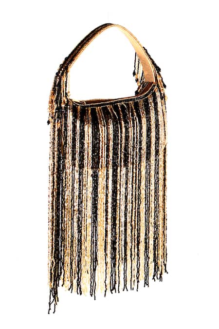 Shop_Nazaakat By Samara Singh_Gold Beads, Fringe Beaded Clutch Bag _Online_at_Aza_Fashions