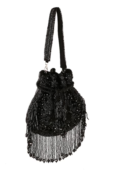 Buy_Nazaakat By Samara Singh_Black Beads, Sequins, Tassels Beaded Fringe Potli Bag _Online_at_Aza_Fashions