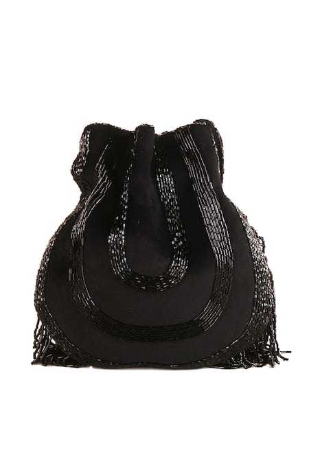 Shop_Nazaakat By Samara Singh_Black Beads, Sequins, Tassels Beaded Fringe Potli Bag _Online_at_Aza_Fashions