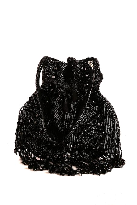 Nazaakat By Samara Singh_Black Beads, Sequins, Tassels Beaded Fringe Potli Bag _at_Aza_Fashions