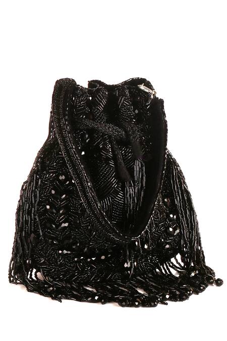 Buy_Nazaakat By Samara Singh_Black Beads, Sequins, Tassels Beaded Fringe Potli Bag 