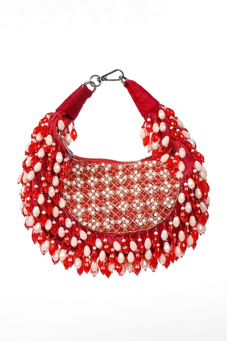 Shop_Nazaakat By Samara Singh_Maroon Beads, Stones Beaded Embellished Clutch With Sling _Online_at_Aza_Fashions
