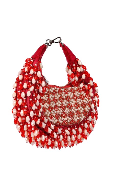 Nazaakat By Samara Singh_Maroon Beads, Stones Beaded Embellished Clutch With Sling _at_Aza_Fashions