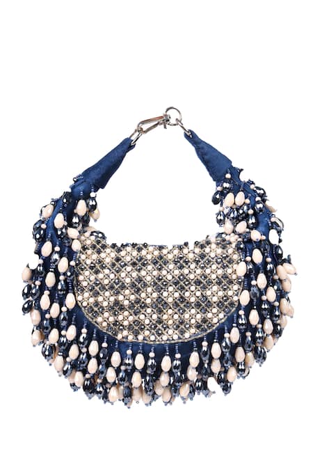 Nazaakat By Samara Singh_Blue Beads, Rhinestones Beaded Embellished Clutch With Sling _at_Aza_Fashions