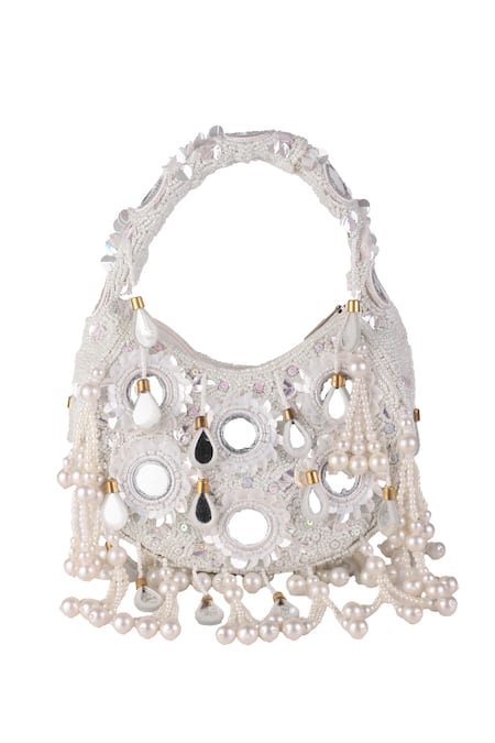 Shop_Nazaakat By Samara Singh_White Beads, Pearls, Mirrors, Sequins And Embellished Clutch Bag _Online_at_Aza_Fashions