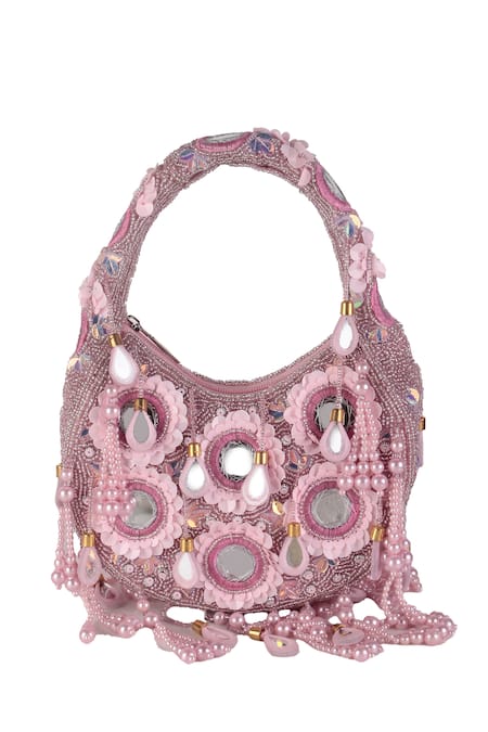 Nazaakat By Samara Singh_Purple Beads, Sequins, Mirrors, Tassels Floral Embellished Clutch Bag _Online_at_Aza_Fashions