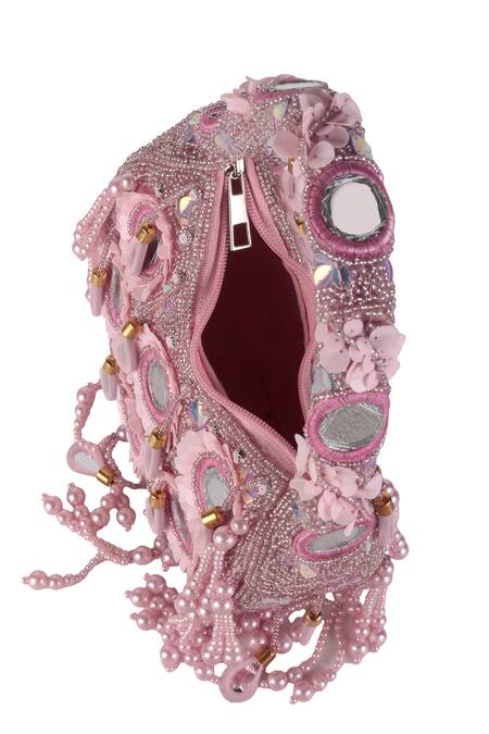Buy_Nazaakat By Samara Singh_Purple Beads, Sequins, Mirrors, Tassels Floral Embellished Clutch Bag _Online_at_Aza_Fashions