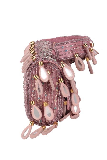 Buy_Nazaakat By Samara Singh_Peach Beads, Sequins, Mirrors, Tassels Beaded And Embellished Flap Bag _Online_at_Aza_Fashions