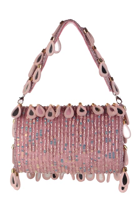 Nazaakat By Samara Singh_Peach Beads, Sequins, Mirrors, Tassels Beaded And Embellished Flap Bag _at_Aza_Fashions