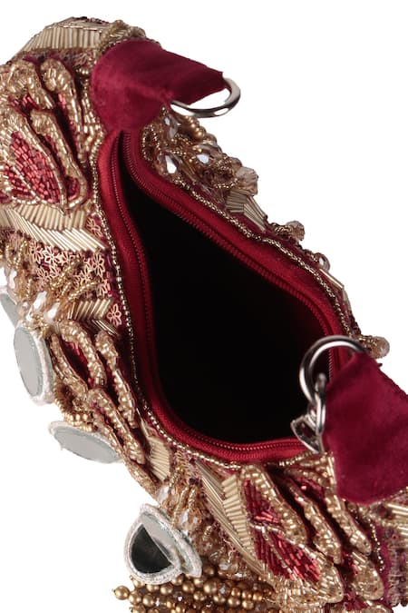 Buy_Nazaakat By Samara Singh_Red Embroidery, Beads, Mirrors, Tassels Embellished Floral Motif Clutch Bag _Online_at_Aza_Fashions