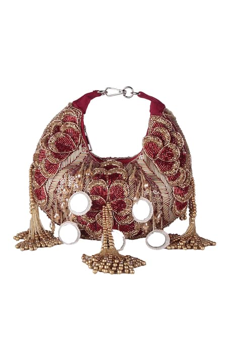 Shop_Nazaakat By Samara Singh_Red Embroidery, Beads, Mirrors, Tassels Embellished Floral Motif Clutch Bag _Online_at_Aza_Fashions