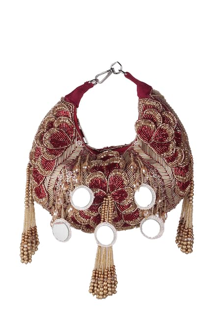 Nazaakat By Samara Singh_Red Embroidery, Beads, Mirrors, Tassels Embellished Floral Motif Clutch Bag _at_Aza_Fashions