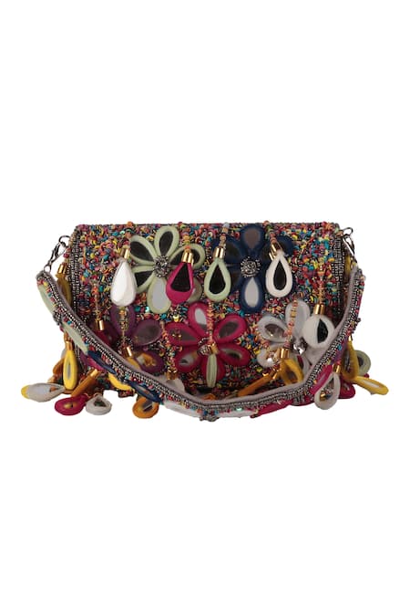 Nazaakat By Samara Singh_Multi Color Beads, Sequins, Tassels, Mirrors Floral And Embellished Flap Bag _Online_at_Aza_Fashions