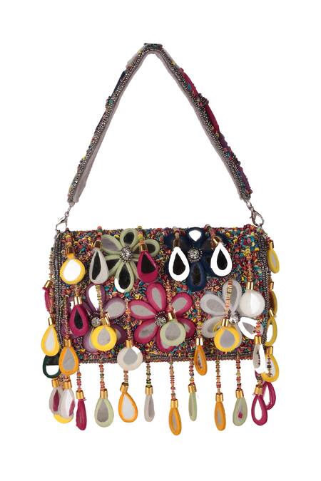 Shop_Nazaakat By Samara Singh_Multi Color Beads, Sequins, Tassels, Mirrors Floral And Embellished Flap Bag _Online_at_Aza_Fashions