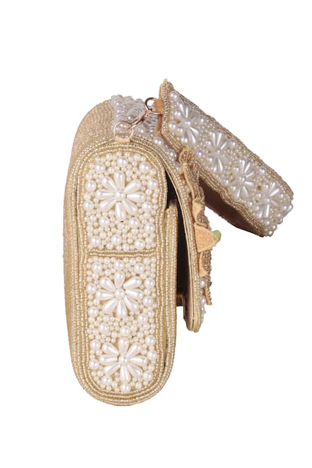 Buy_Nazaakat By Samara Singh_Gold Beads, Pearls, Embroidery Beaded And Flower Embellished Flap Bag _Online_at_Aza_Fashions