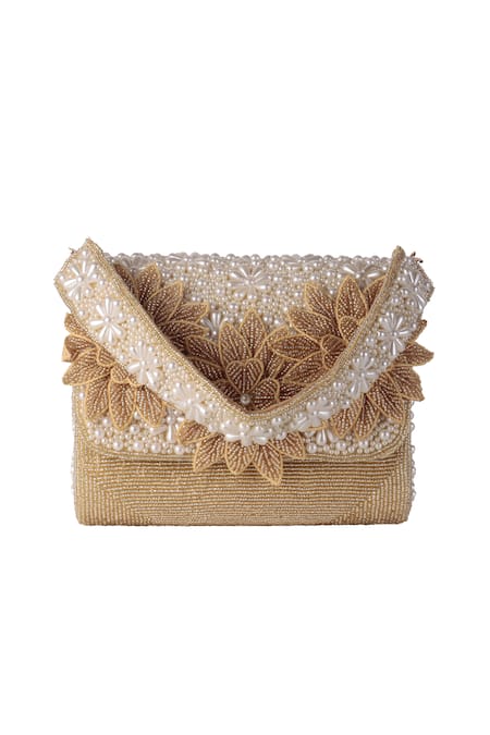Shop_Nazaakat By Samara Singh_Gold Beads, Pearls, Embroidery Beaded And Flower Embellished Flap Bag _Online_at_Aza_Fashions