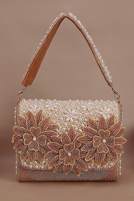 Nazaakat By Samara Singh Beaded Pearl & Flower Embellished Flap Bag 