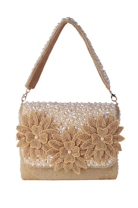 Nazaakat By Samara Singh_Gold Beads, Pearls, Embroidery Beaded And Flower Embellished Flap Bag _at_Aza_Fashions