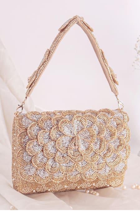 Nazaakat By Samara Singh_Gold Beads, Pearls Beaded Floral And Geometric Flap Bag _Online_at_Aza_Fashions