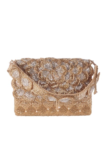 Buy_Nazaakat By Samara Singh_Gold Beads, Pearls Beaded Floral And Geometric Flap Bag _Online_at_Aza_Fashions