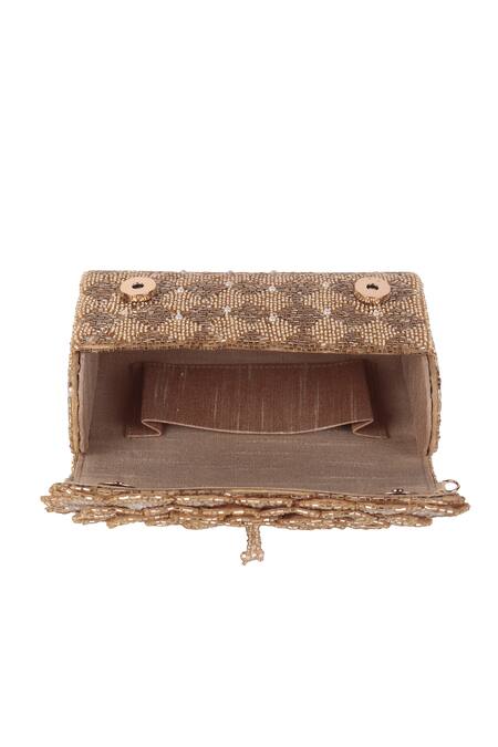 Shop_Nazaakat By Samara Singh_Gold Beads, Pearls Beaded Floral And Geometric Flap Bag _Online_at_Aza_Fashions